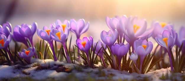 Foto hermosas flores de crocus púrpura en la luz del sol borrón de fondo imagen generada por ia