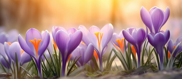 Hermosas flores de crocus púrpura en la luz del sol borrón de fondo imagen generada por IA