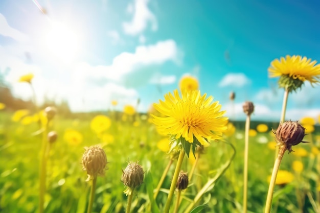 Hermosas flores de diente de león amarillo en la naturaleza en un ambiente cálido