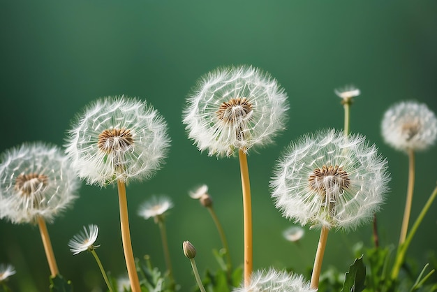 Foto hermosas flores de diente de león de primer plano en fondo verde