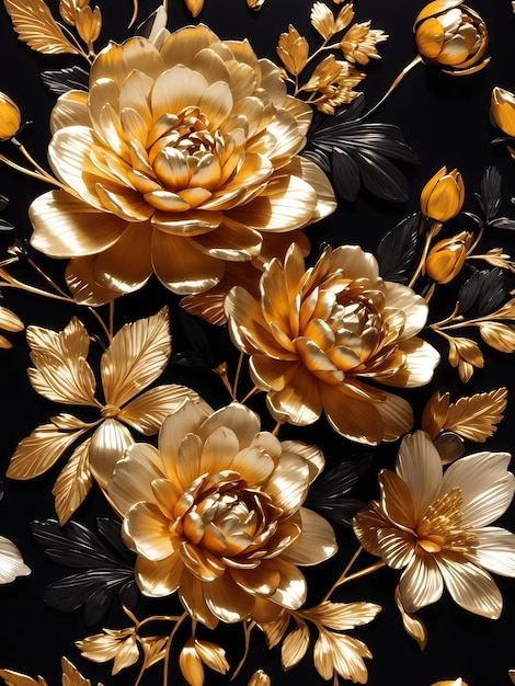 Hermosas flores doradas fondo jardín flores planta con fondo negro al generativo