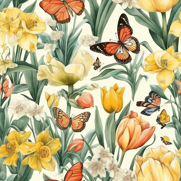 Hermosas flores elegantes y patrones sin fisuras de mariposas creados con IA generativa
