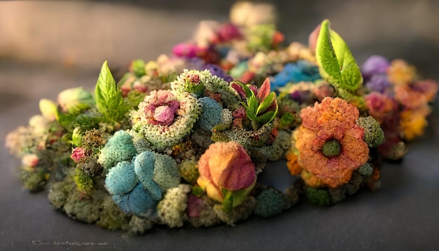 Hermosas flores exóticas y plantas exóticas en diferentes tonos en primer plano, representación 3D