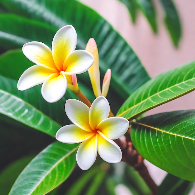 Foto las hermosas flores de frangipani florecen con hojas de frangipani la flor de la naturaleza fotografía de fondo