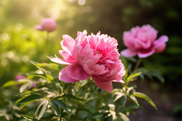 Hermosas flores grandes de peonía rosa en un arbusto en el jardín IA generativa