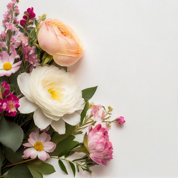 Hermosas flores y hojas en fondo blanco espacio de copia Frontera floral Naturaleza y plantas de verano