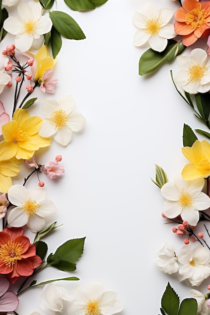 Hermosas flores y hojas de primavera sobre un fondo blanco con espacio para copiar