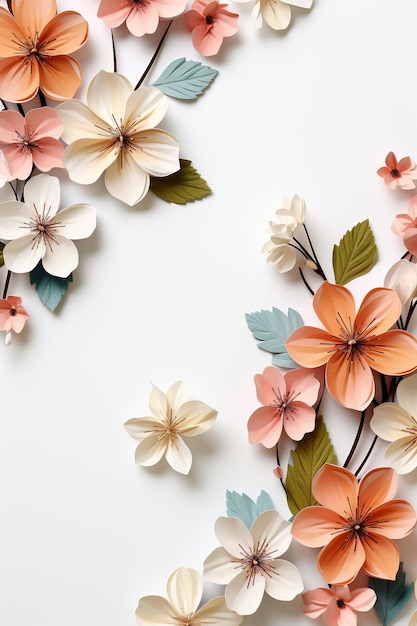 Hermosas flores y hojas de primavera sobre un fondo blanco con espacio para copiar