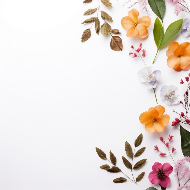 Hermosas flores y hojas de primavera sobre un fondo blanco con espacio negativo