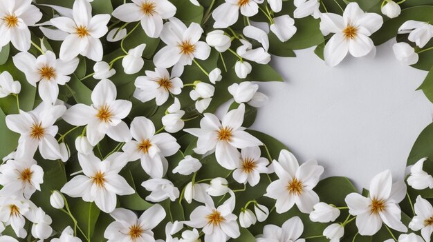 Hermosas flores y hojas de primavera sobre un fondo blanco con espacio negativo