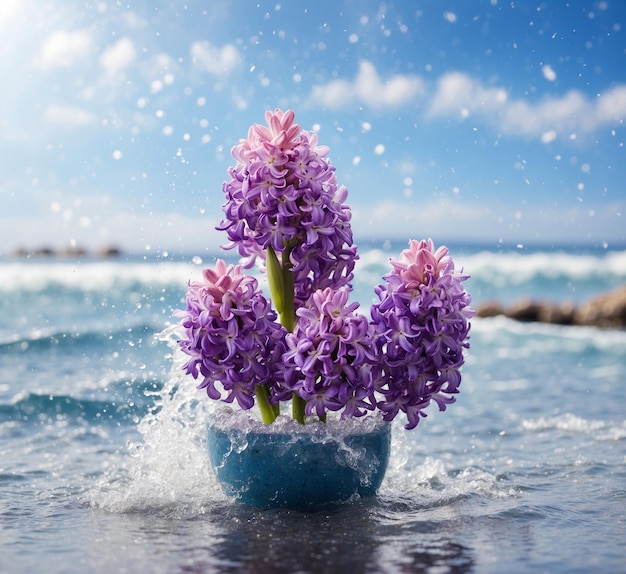 Hermosas flores de jacinto en un jarrón en la playa