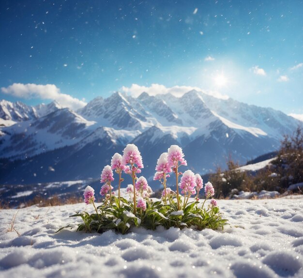 Hermosas flores de jacinto rosado en la nieve con montañas en el fondo