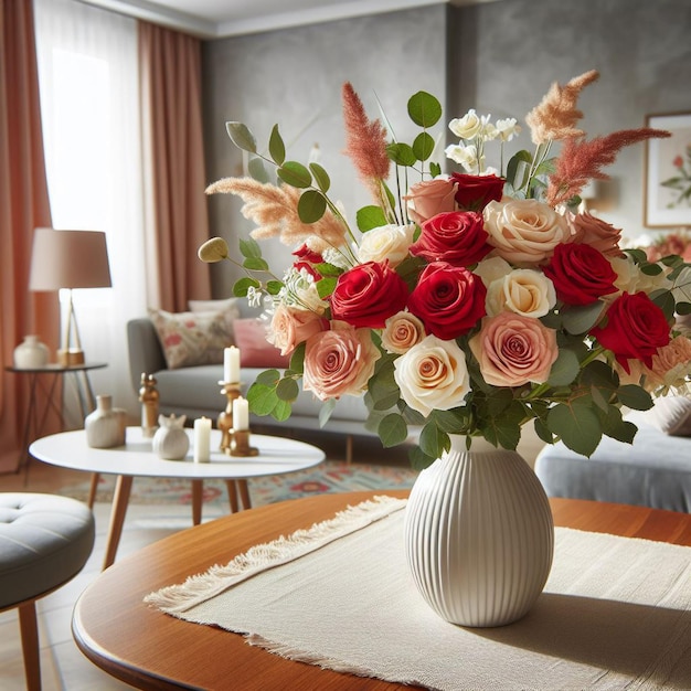 Hermosas flores en un jarrón en la sala de estar