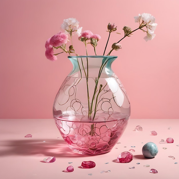 Hermosas flores en el jarrón de vidrio sobre el fondo rosa