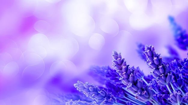 Hermosas flores de lavanda sobre fondo de flores frescas y fragantes de degradado púrpura