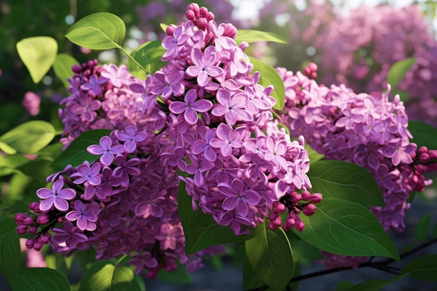 Hermosas flores lilas que florecen en el encantador jardín. Sus colores vibrantes y su deliciosa fragancia traen alegría al entorno. Generado por IA.