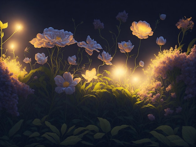 Hermosas flores con luces de colores en la noche generadas por ai.