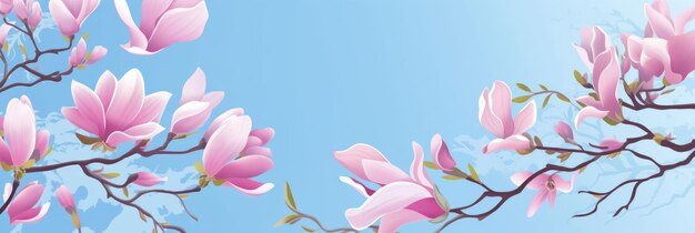 hermosas flores de magnolia rosadas sobre un fondo azul generadas por IA