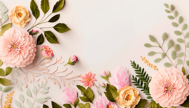 Hermosas flores marco de flores plano colocado vista superior espacio libre IA generativa
