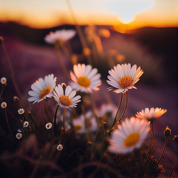 Hermosas flores de margarita en campo de hierba con ai generativo de fondo al atardecer