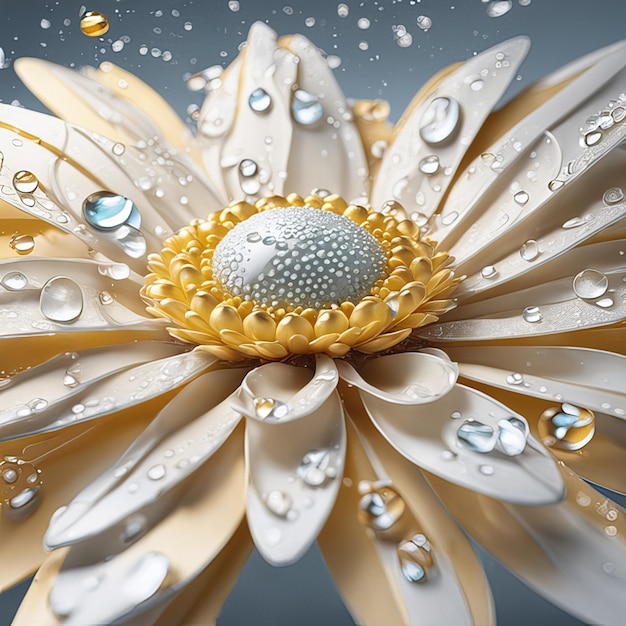 Hermosas flores de margarita establecen gotas de agua de partículas ligeras