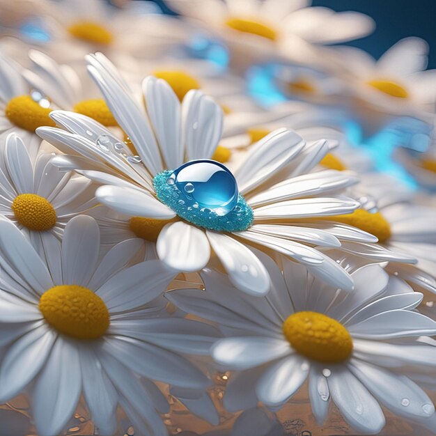 Foto hermosas flores de margarita establecen gotas de agua de partículas ligeras