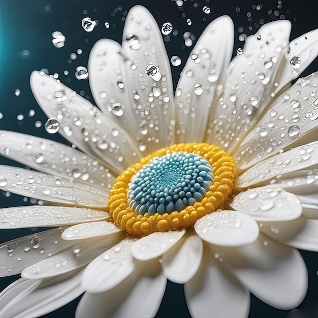 Las hermosas flores de margarita ponen partículas de luz gotas de agua
