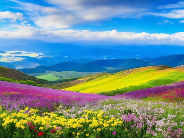 hermosas flores en las montañas con cielo azul belleza natural