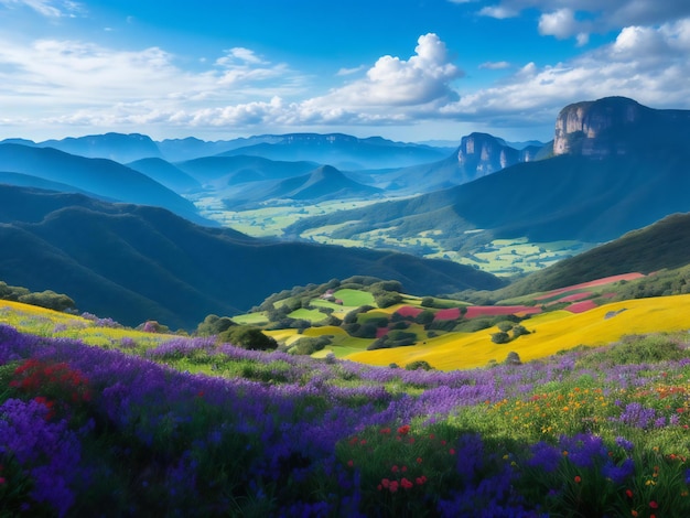 hermosas flores en las montañas con cielo azul belleza natural