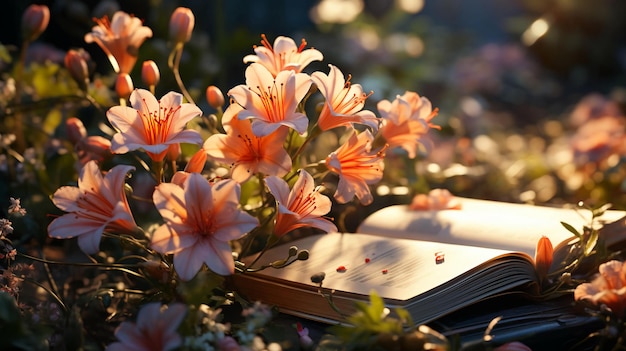 Hermosas flores naturales se encuentran en las páginas de un libro abierto con el telón de fondo de la naturaleza