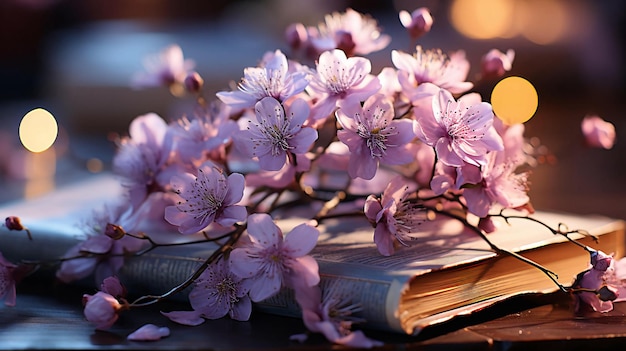 Hermosas flores naturales yacen en las páginas de un libro abierto generado por IA
