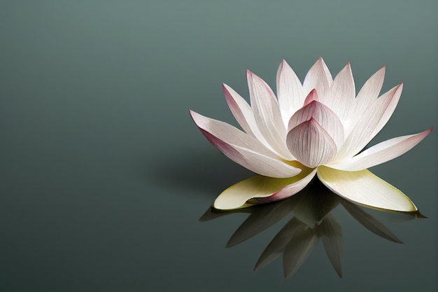 Hermosas flores de nenúfar blanco y rosa sobre el agua reflejada en el fondo gris