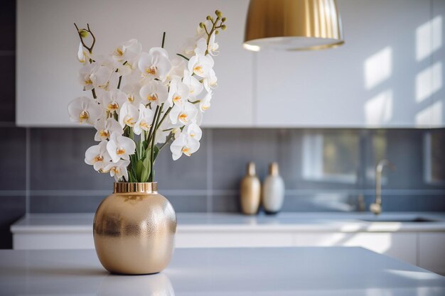 Hermosas flores de orquídeas en un jarrón sobre la mesa en la cocina