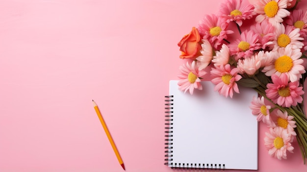 Hermosas flores, papelería y libreta con la palabra.