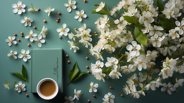 Hermosas flores papelería y libreta con las palabras FELIZ DÍA DEL MAESTRO en un fondo verde