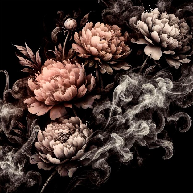 Hermosas flores de peonía rosadas con humo en fondo oscuro