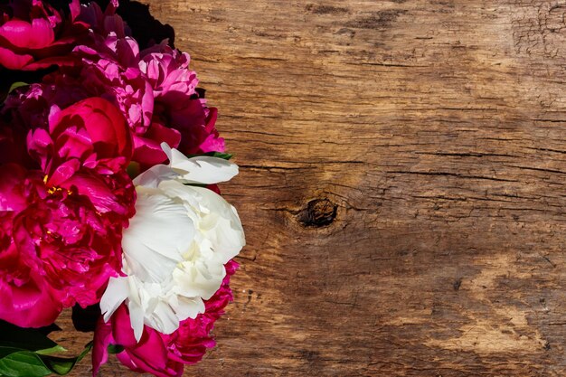 Hermosas flores de peonía sobre fondo de madera rústica Vista superior espacio de copia