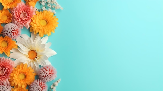 Hermosas flores planas sobre fondo azul festivo telón de fondo floral romántico con espacio de copia IA generativa