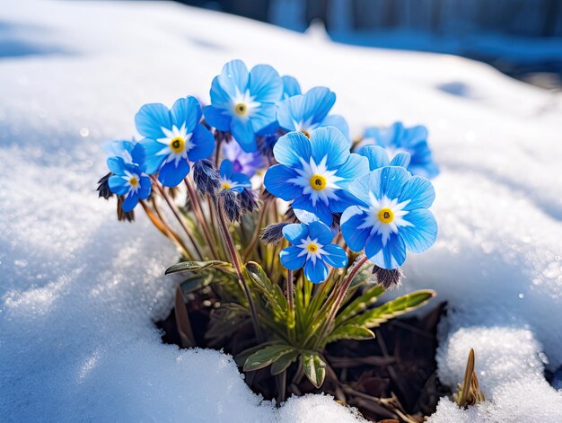 Foto hermosas flores de primavera azules frescas a principios de la primavera primrosas con flores de nieve crecen de la nieve y el hielo ilustración generativa de ia