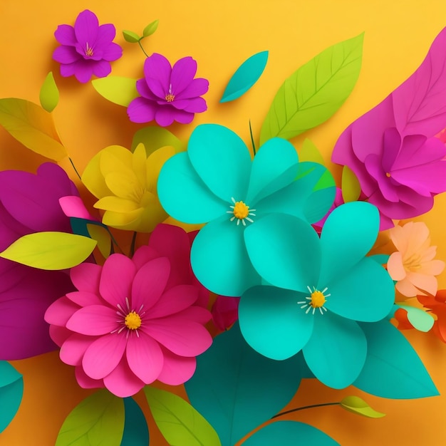 Hermosas flores de primavera coloridas en 3d y hojas sobre un fondo de color con espacio negativo