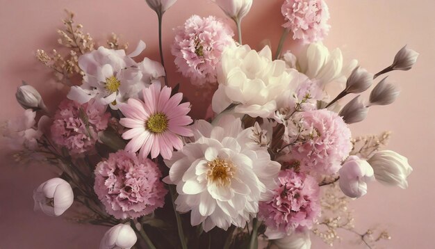 Hermosas flores de primavera en un fondo rosado claro Vista superior