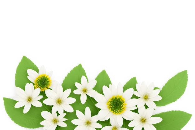 hermosas flores de primavera y hojas sobre fondo blanco con espacio negativo