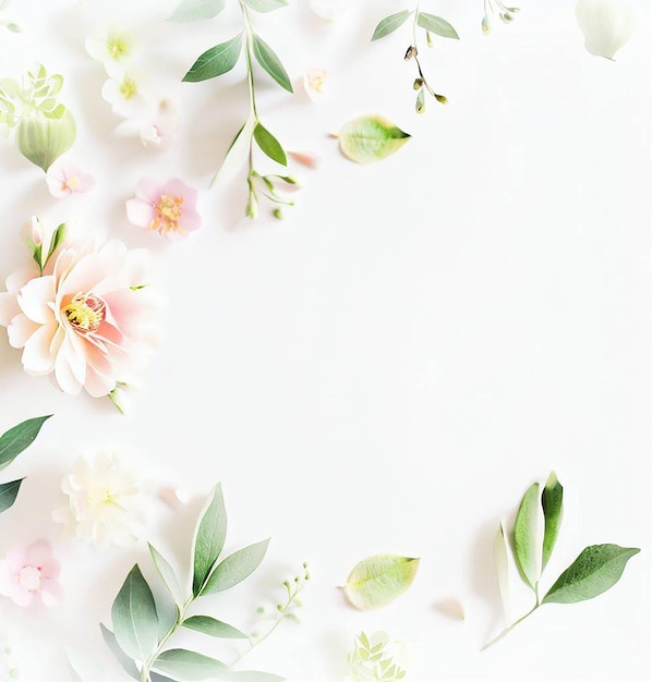 hermosas flores de primavera y hojas sobre fondo blanco con espacio negativo