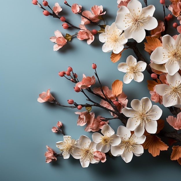 hermosas flores de primavera y hojas sobre fondo blanco con espacio negativo