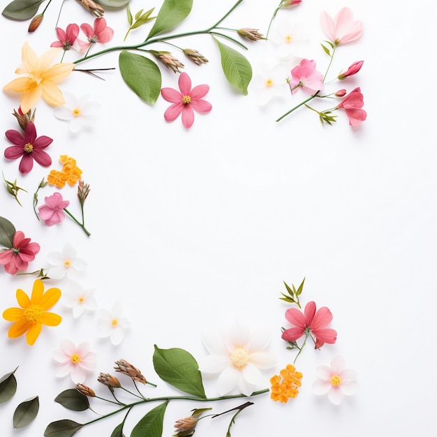 hermosas flores de primavera y hojas sobre fondo blanco con espacio negativo