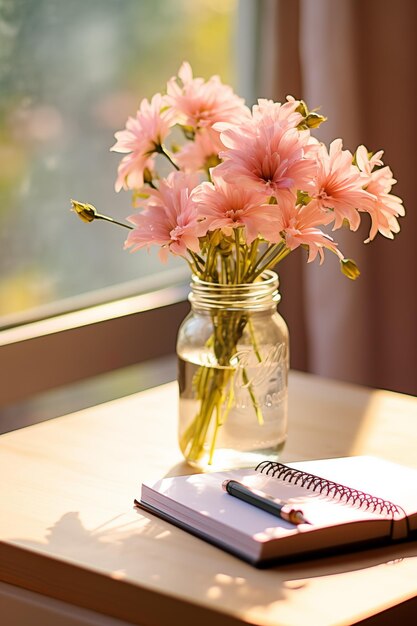 Hermosas flores de primavera en el jarrón y un libro abierto en la mesa.