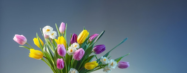 Hermosas flores de primavera sobre fondo azul.