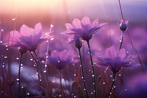 Hermosas flores púrpuras en el prado al atardecer Fondo de la naturaleza