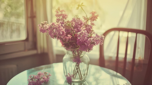 Hermosas flores púrpuras en el vidrio de la mesa en la temporada de verano