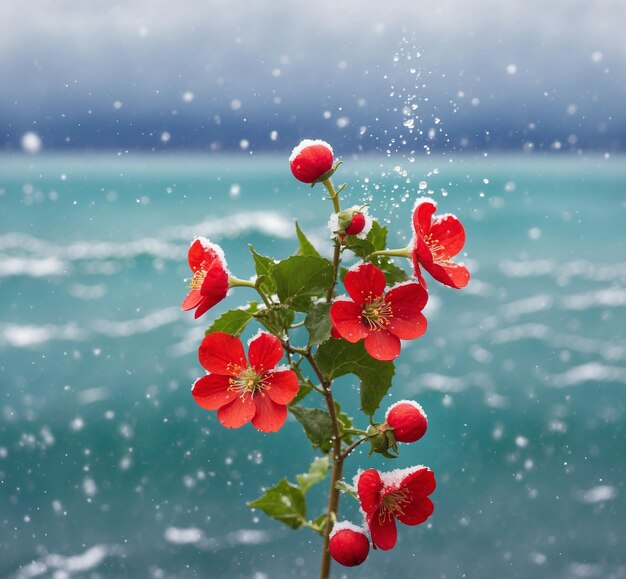 Hermosas flores rojas en el fondo del mar y la nieve